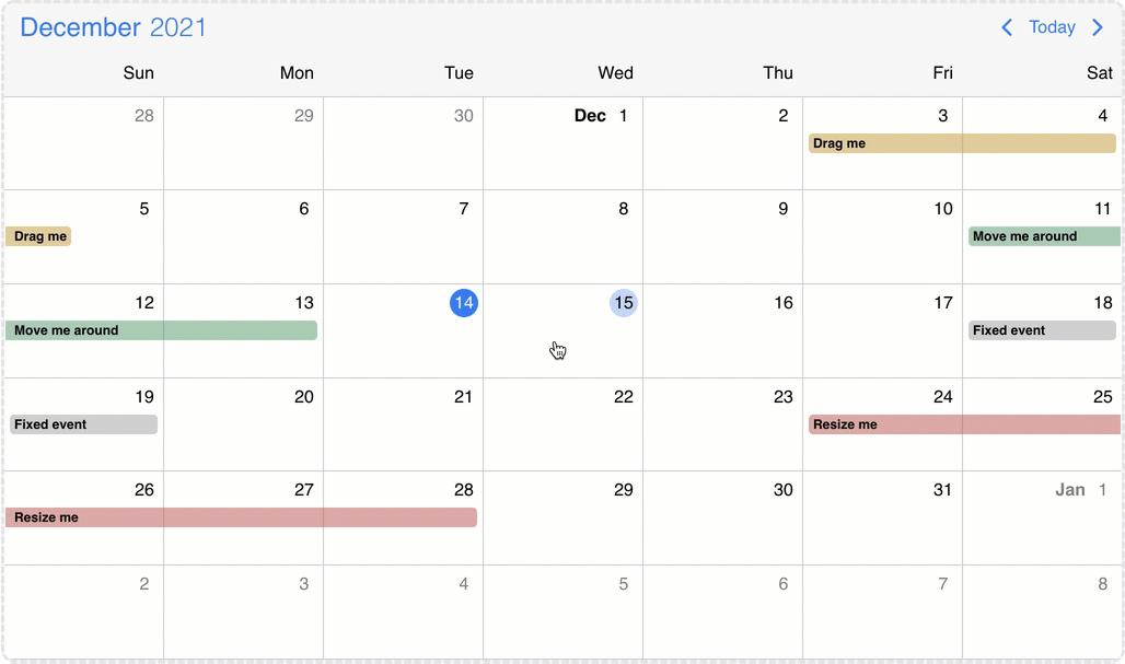 Event calendar move, resize and create