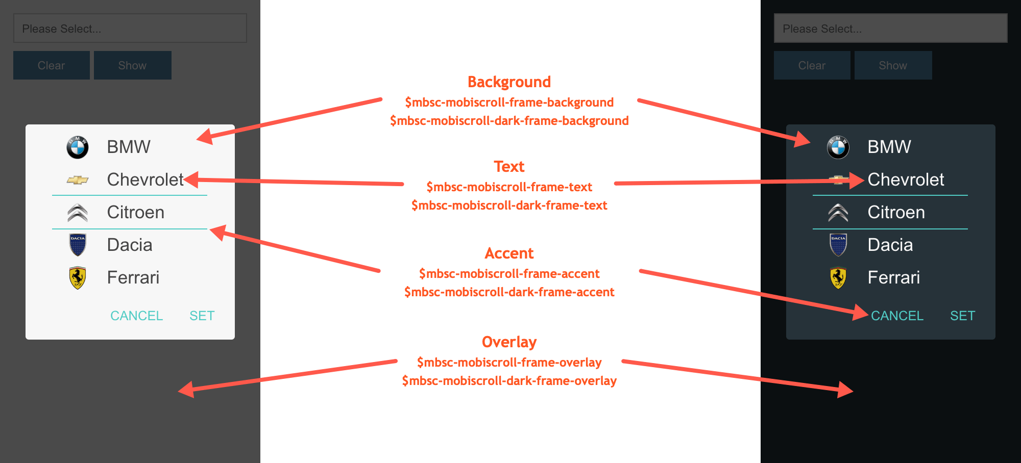 Mobiscroll theme variables for the Image component Indication on what the color variables affect